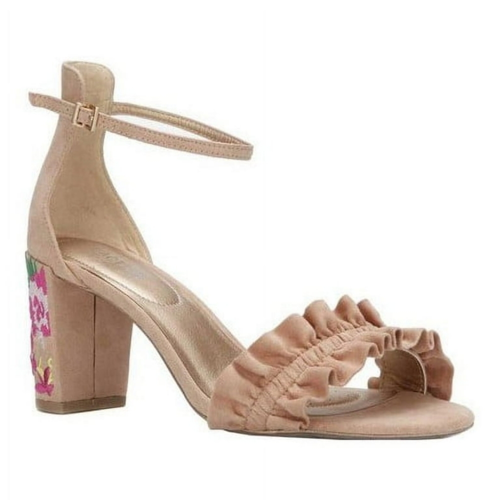 Kenneth Cole Reaction Rise Ruffle Heel Sandal Sz 6.5 Pink Floral‎ Embroidered 3"